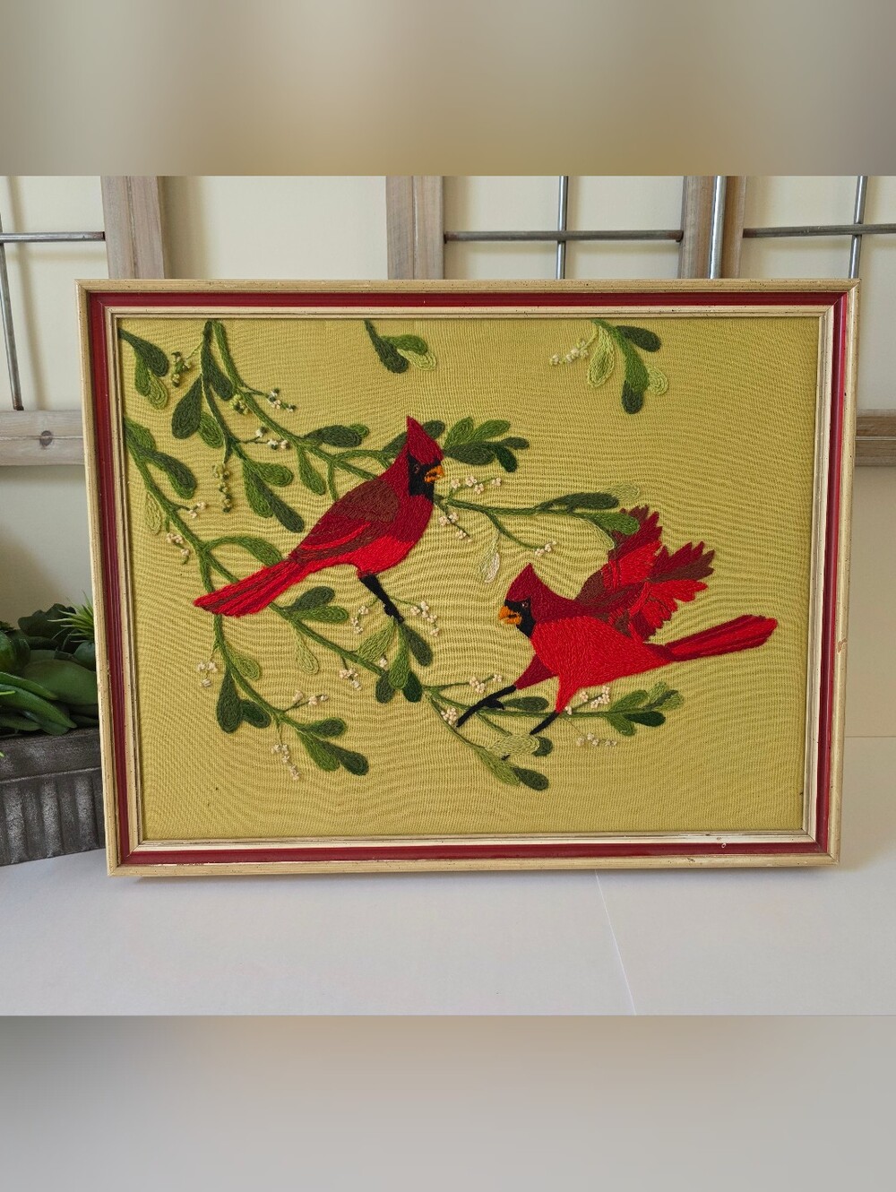 Vintage Mid Century Modern Crewel Embroidery Cardinals Mistletoe Framed Wall Art - Picture 3 of 16